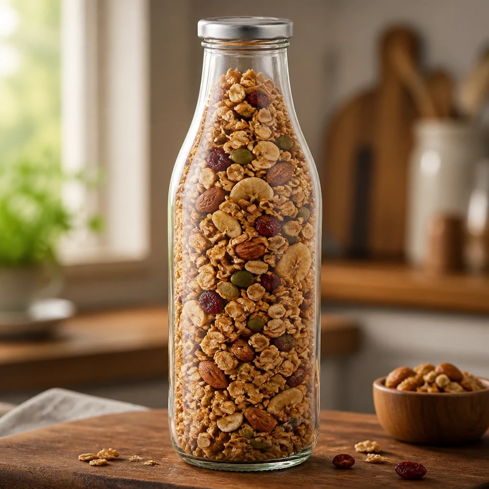 Bottiglia da 1000 ml in vetro BasicSeal silver riempita con noci muesli e frutta secca Conservazione in cucina
