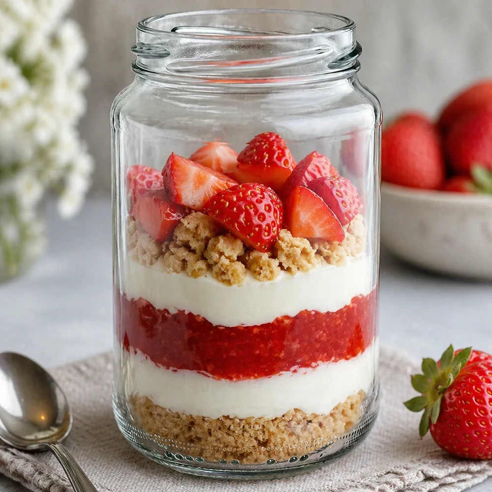 UNiTWIST Runda375 Rundglas 375ml als Dessertglas mit Schichtdessert Erdbeeren Sahne und Streuseln dekorativ serviert