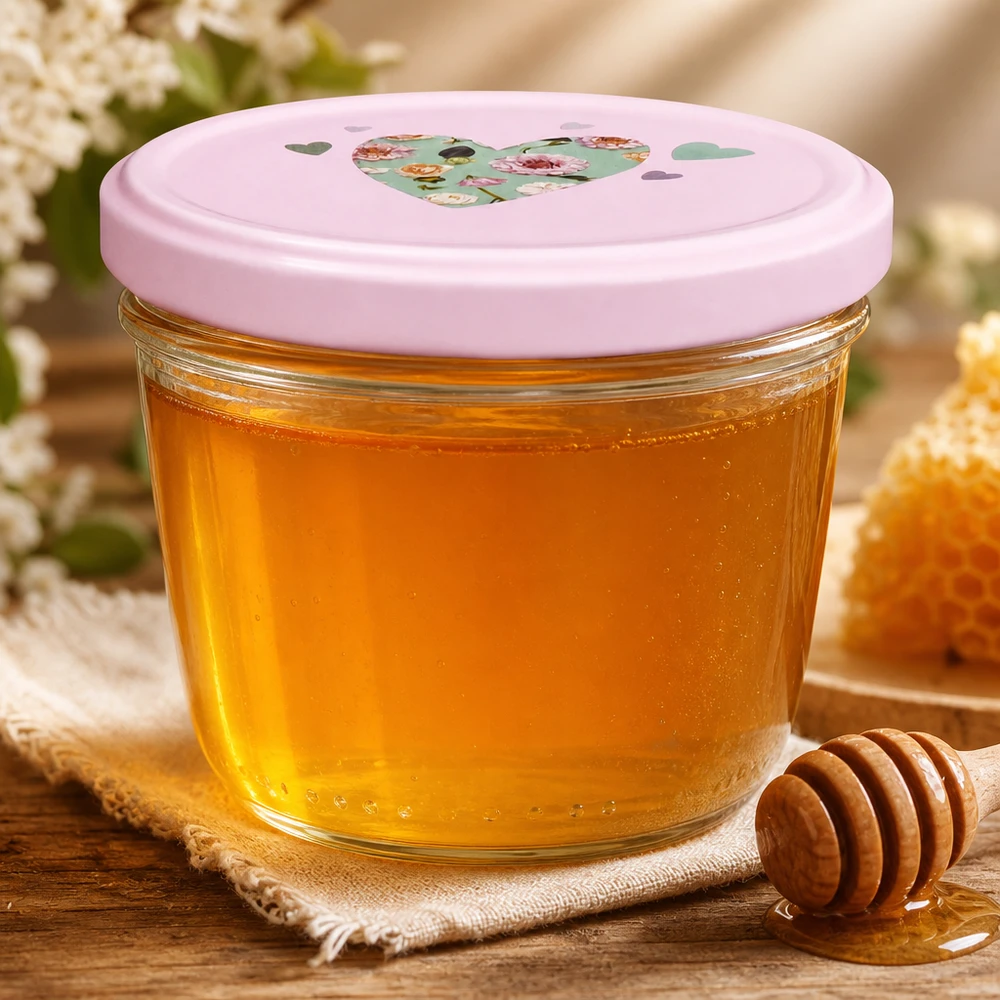 230ml Sturzglas + BasicSeal Deckel Herz rosa UNiTWIST Sturzglas 230ml rosa BasicSeal Deckel mit Honig gefüllt neben Honiglöffel auf Juteuntersetzer Naturprodukte Aufbewahrung