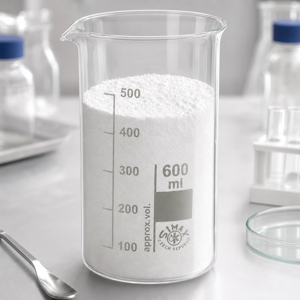 Bicchiere da 600 ml in vetro borosilicato, forma alta Becher da 600 ml di forma alta, pieno di polvere bianca, su un tavolo da lavoro da laboratorio con strumenti da laboratorio