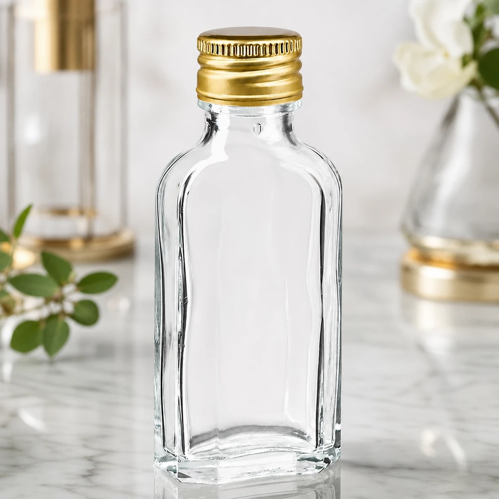 Rechteckige 50ml Glasflasche Meplat transparent mit goldfarbenem Aluverschluss PP22