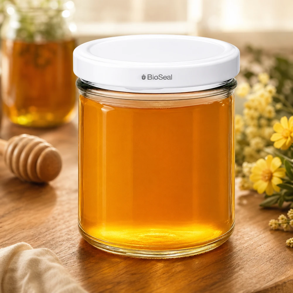 167ml Sturzglas mit BioSeal Deckel weiß UNiTWIST UNiTWIST Einmachglas 167ml mit Honig gefüllt Holztisch Honigglas Konservierung natürliche Lebensmittel