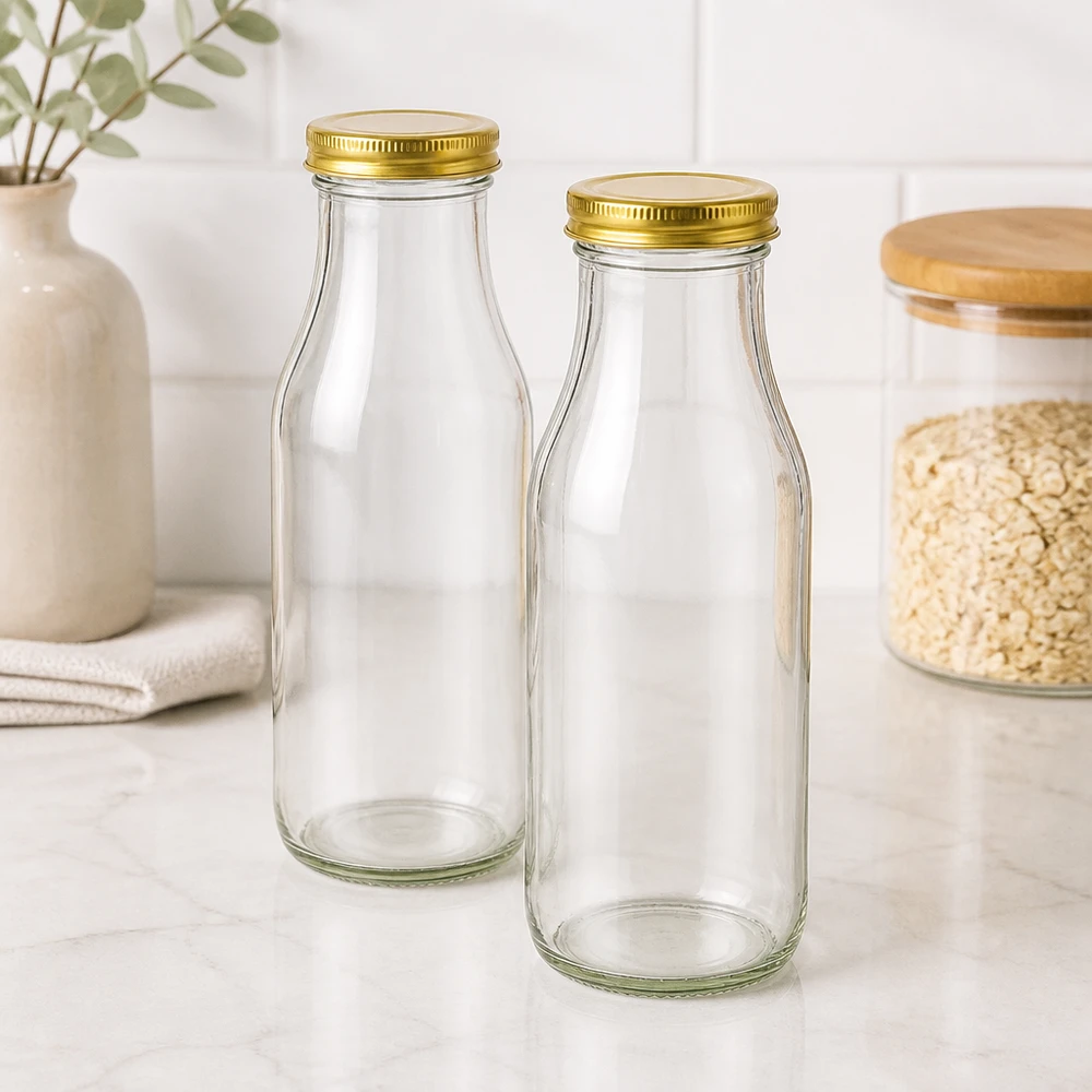 Due bottiglie di vetro UNiTWIST Bottle263 con coperchi dorati TO43 BioSeal in una cucina moderna, accanto a un barattolo per la conservazione dei fiocchi d'avena.