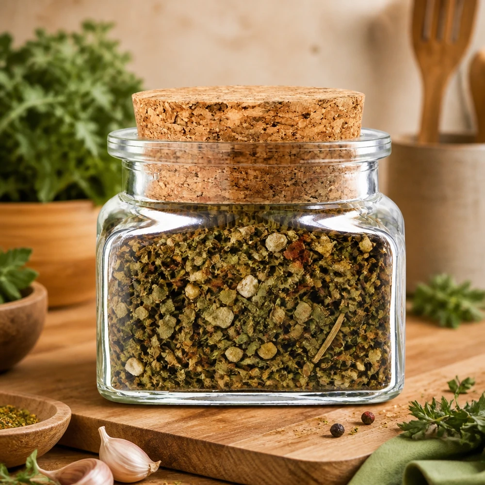 Idea barattolo per spezie: Quadratus 120ml trasparente, apertura 39mm, con tappo di sughero 38 Barattolo trasparente per spezie “Quadratus” da 120 ml con tappo in sughero, riempito con miscela di erbe aromatiche a pezzetti