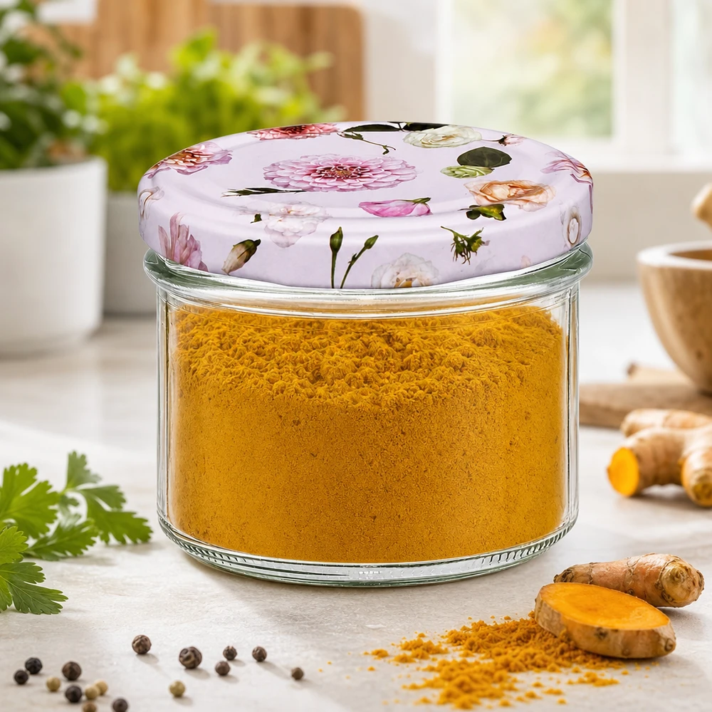 225ml Sturzglas + BasicSeal Deckel Blume rosa UNiTWIST Sturzglas 225ml mit Kurkumapulver gefüllt und floralem Deckel - Gewürzaufbewahrung in Einmachglas