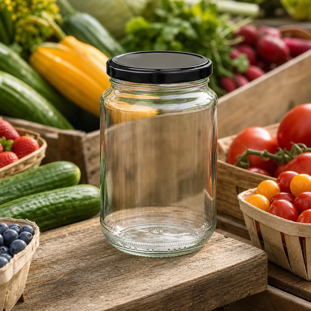 Vaso rotondo da 375 ml vuoto con coperchio nero BasicSeal tra le verdure fresche mostra l'uso versatile come vaso da conserva