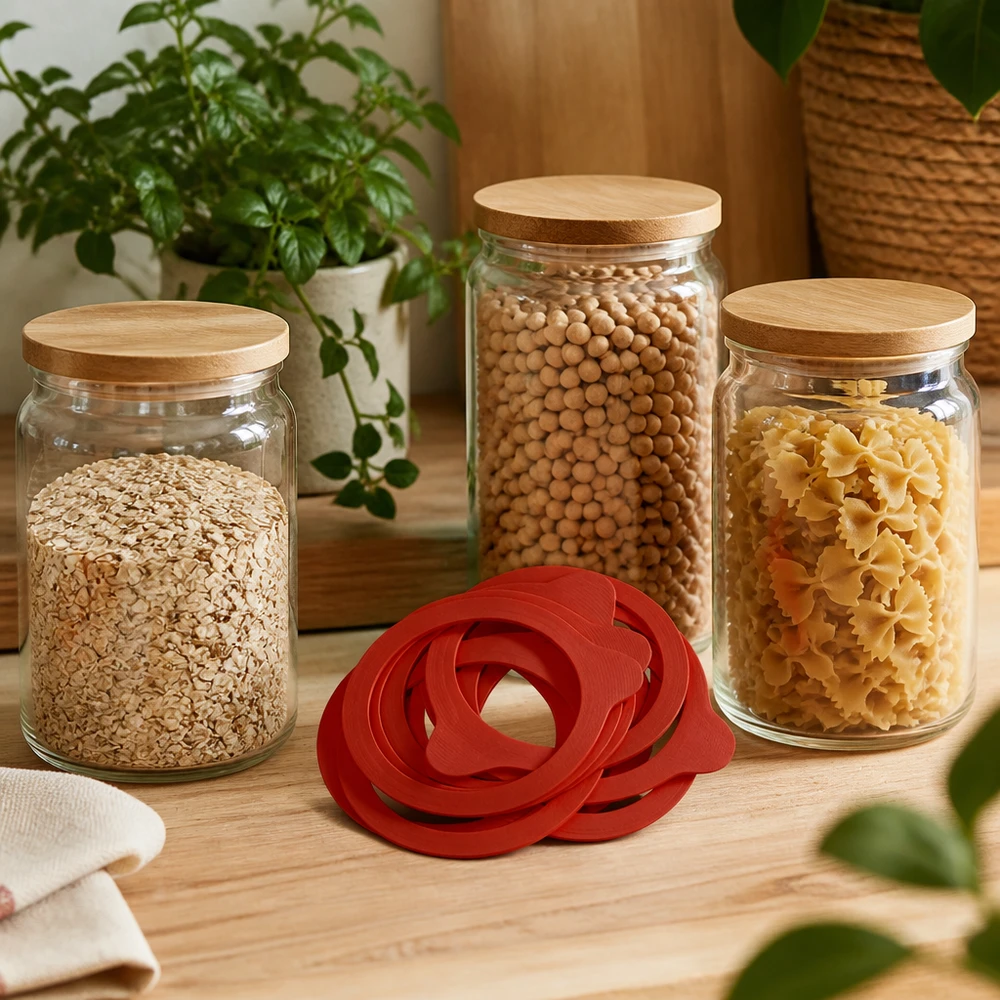 Anello di conservazione in gomma naturale RR100 Anelli di conservazione rossi RR100 Gomma naturale davanti a barattoli con pasta legumi fiocchi d'avena Decorazione per la cucina