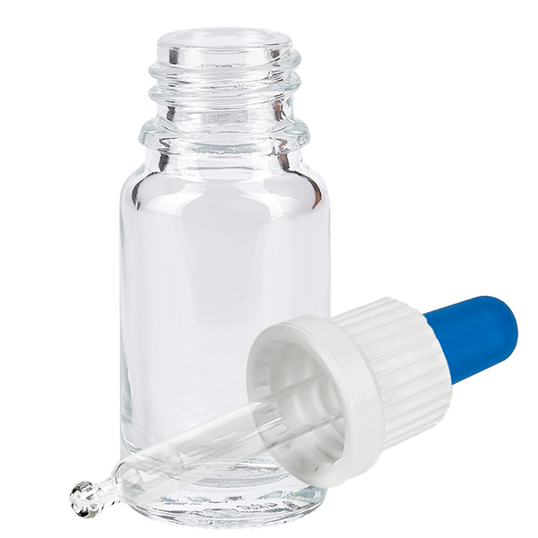 Flacone per pipette da 10 ml bianco/blu OV ClearL. UT18/10 Flacone con pipetta in vetro trasparente da 10 ml, con pipetta contagocce bianca e pallina di gomma blu, aperto