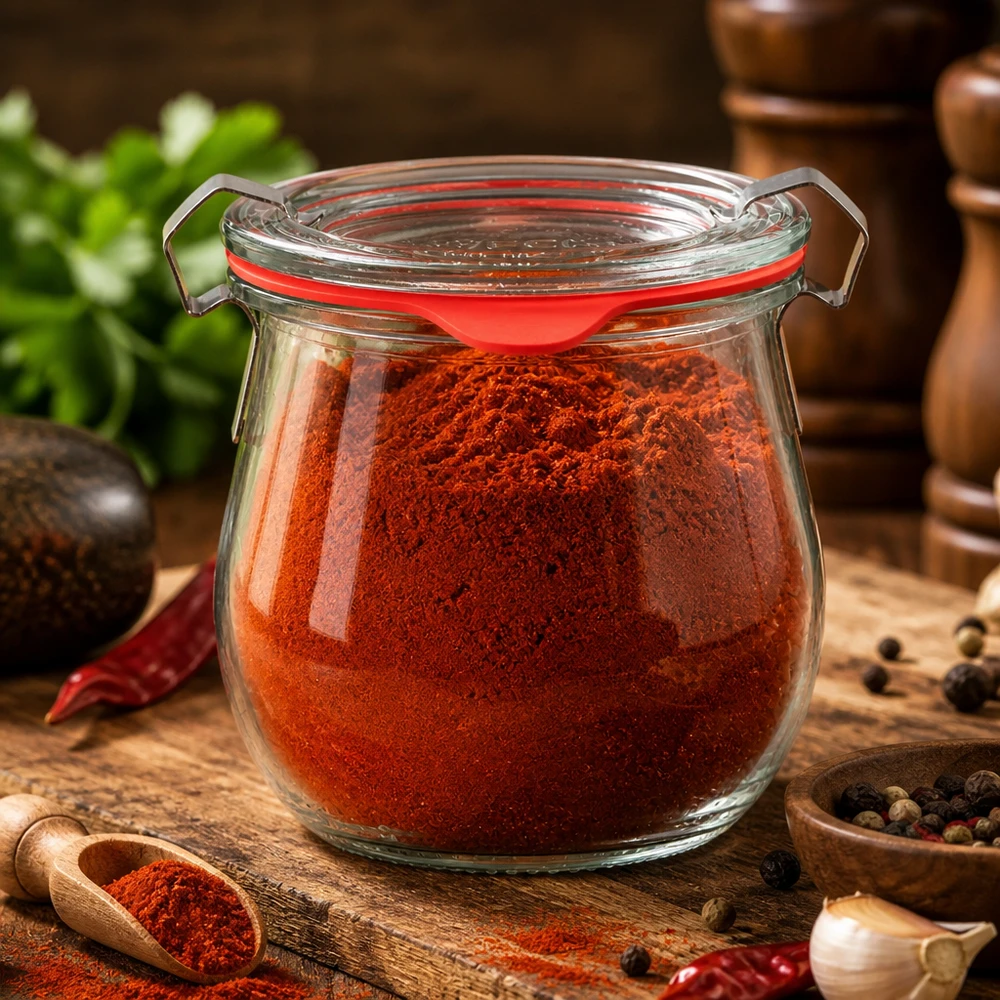 Vaso WECK compatto da 220 ml per conservare le spezie, con peperoncino rosso in polvere e chiusura a clip