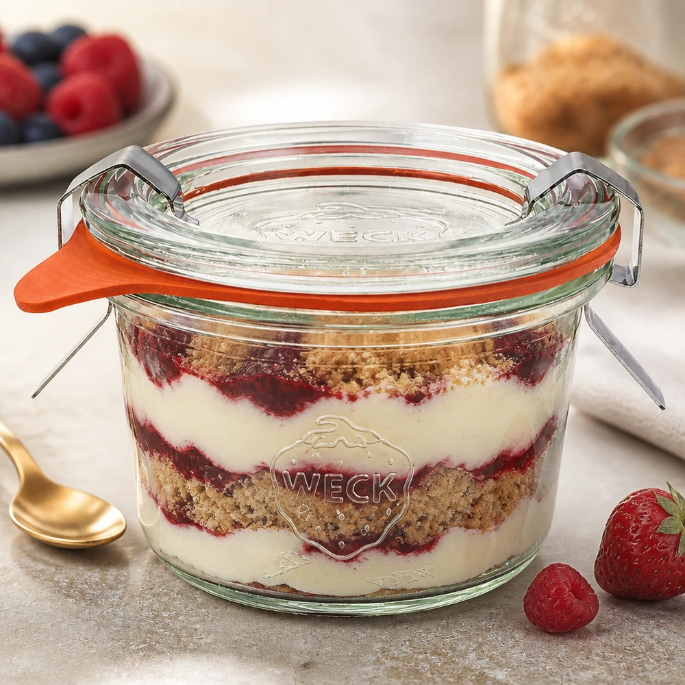 80ml Sturzglas komplett WECK RR60 WECK Sturzglas 80ml RR60 mit Schichtdessert Tiramisu zeigt vielseitige Verwendung für Desserts und Portionierung