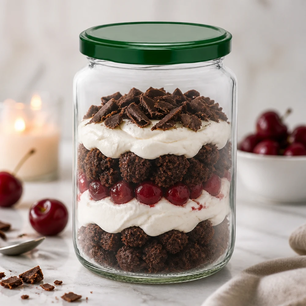 Vasetto rotondo UNiTWIST da 795 ml con coperchio verde BasicSeal, riempito con dessert a strati a base di cioccolato, crema e ciliegie.
