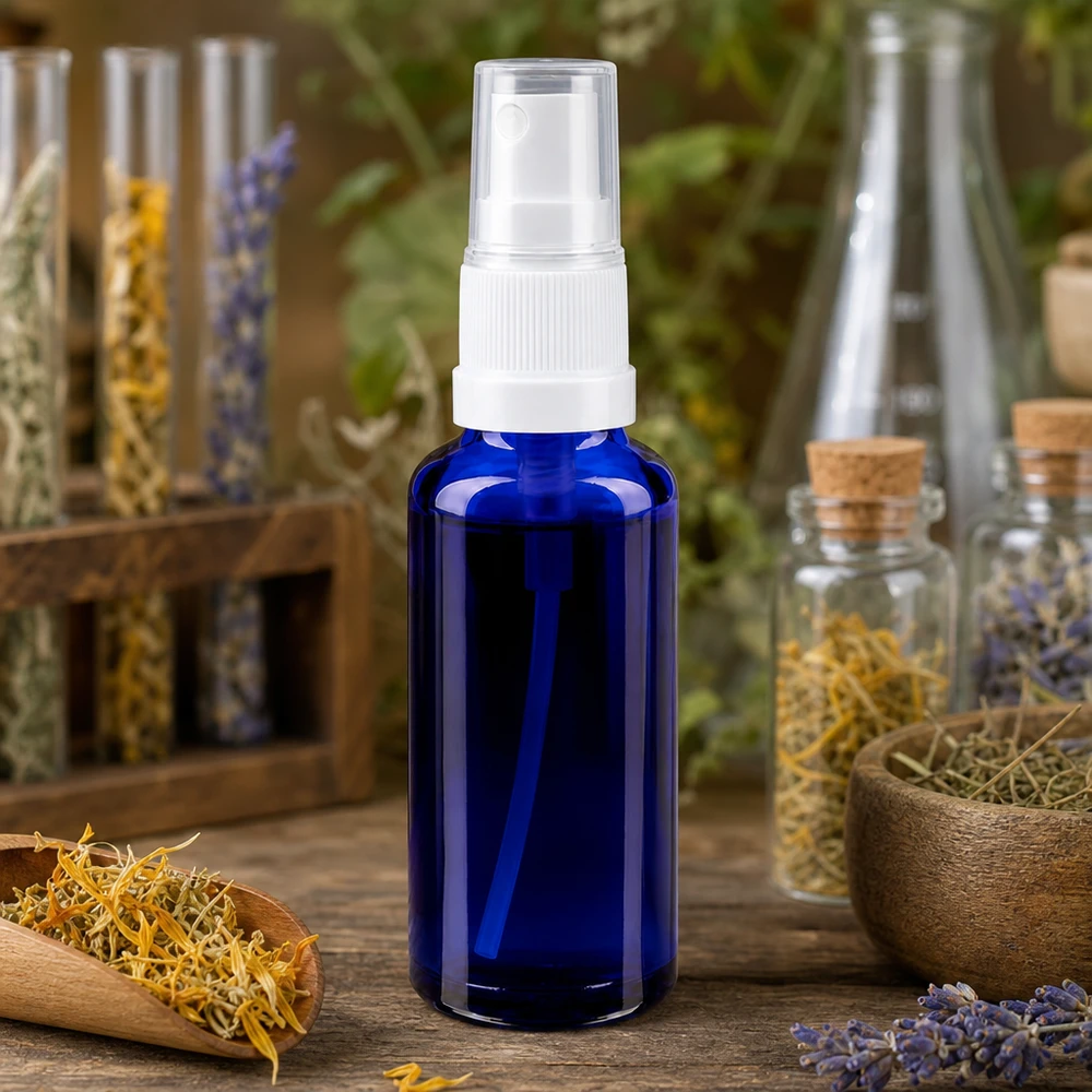 Blaue Apotheker Sprayflasche 30ml STD mit weißem Sprühkopf zwischen Heilpflanzen und Korkgläsern