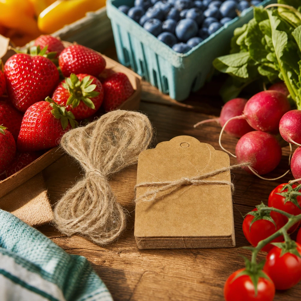 Ciondolo 30x50 mm con cordino (confezione da 10 pezzi) Etichetta in carta kraft 30x50 mm con cordino di iuta tra frutta e verdura fresca su una cassa di legno del mercato agricolo
