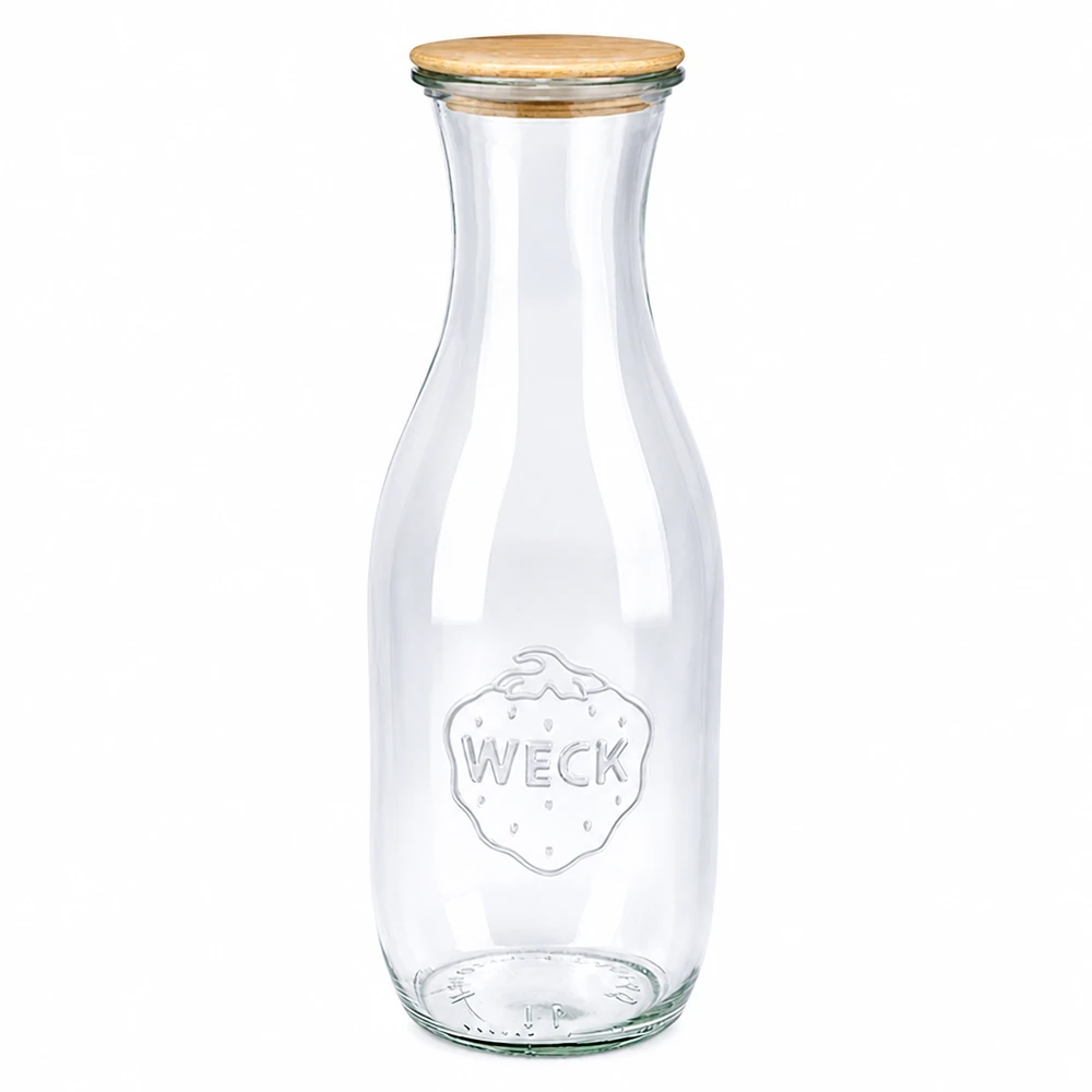 Bottiglia di succo WECK 1062ml in vetro con coperchio in legno RR60 trasparente vuota su sfondo bianco