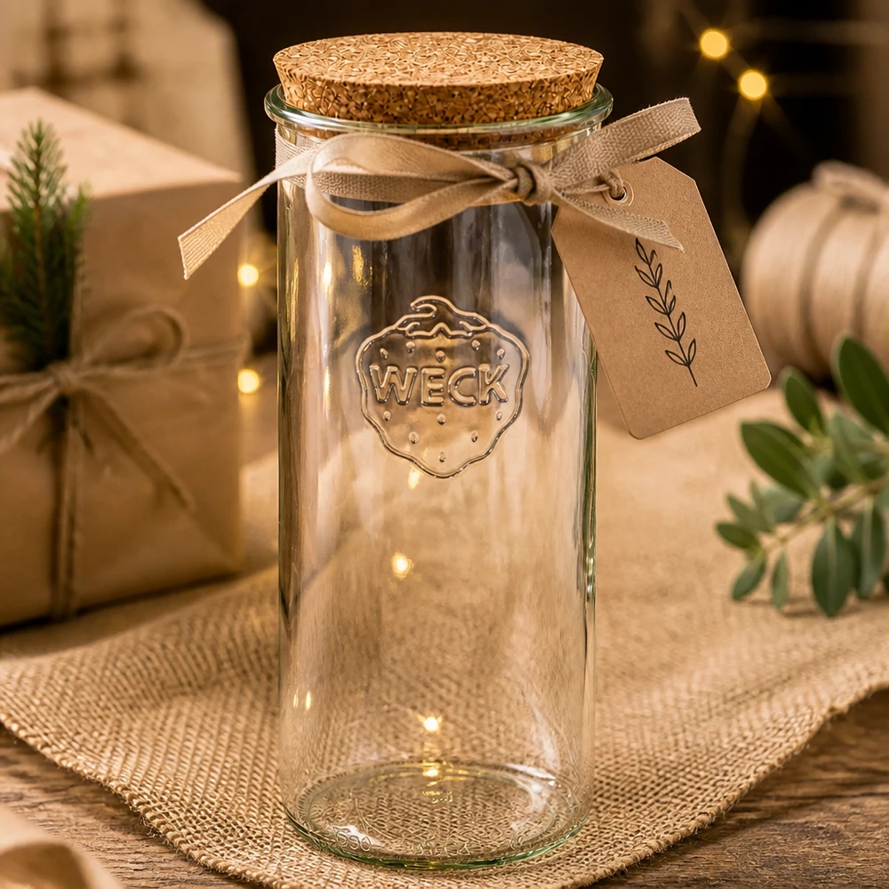 1500ml bocal conique WECK RR100 avec bouchon nature WECK Verre renversé 1500ml RR100 vide avec bouchon emballage cadeau ruban brun étiquette décoration de Noël