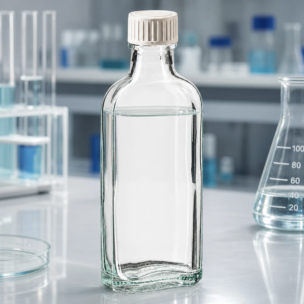 100 ml Meplat klar Schraubverschluss mit PE-Schaumeinlage Transparente Meplat Flasche mit weißem Schraubdeckel und PE-Dichtung im Laborbereich