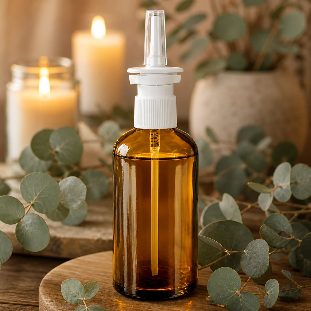 Flacone spray ambrato compatto da 100 ml con testina ergonomica bianca per il naso