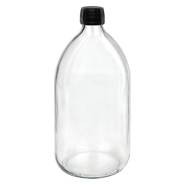 Flacone per medicinali da 1000ml trasparente, tappo nero con chiusura antimanomissione Flacone per medicinali da 1000ml trasparente, tappo nero con chiusura antimanomissione