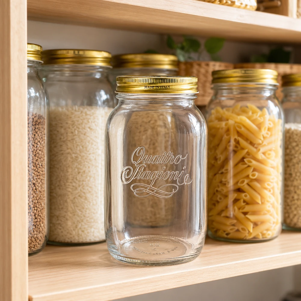 Quattro Stagioni 1500ml Rundglas leer in Vorratsregal mit Pasta Reis Linsen gefüllte Einmachgläser Küchensystem