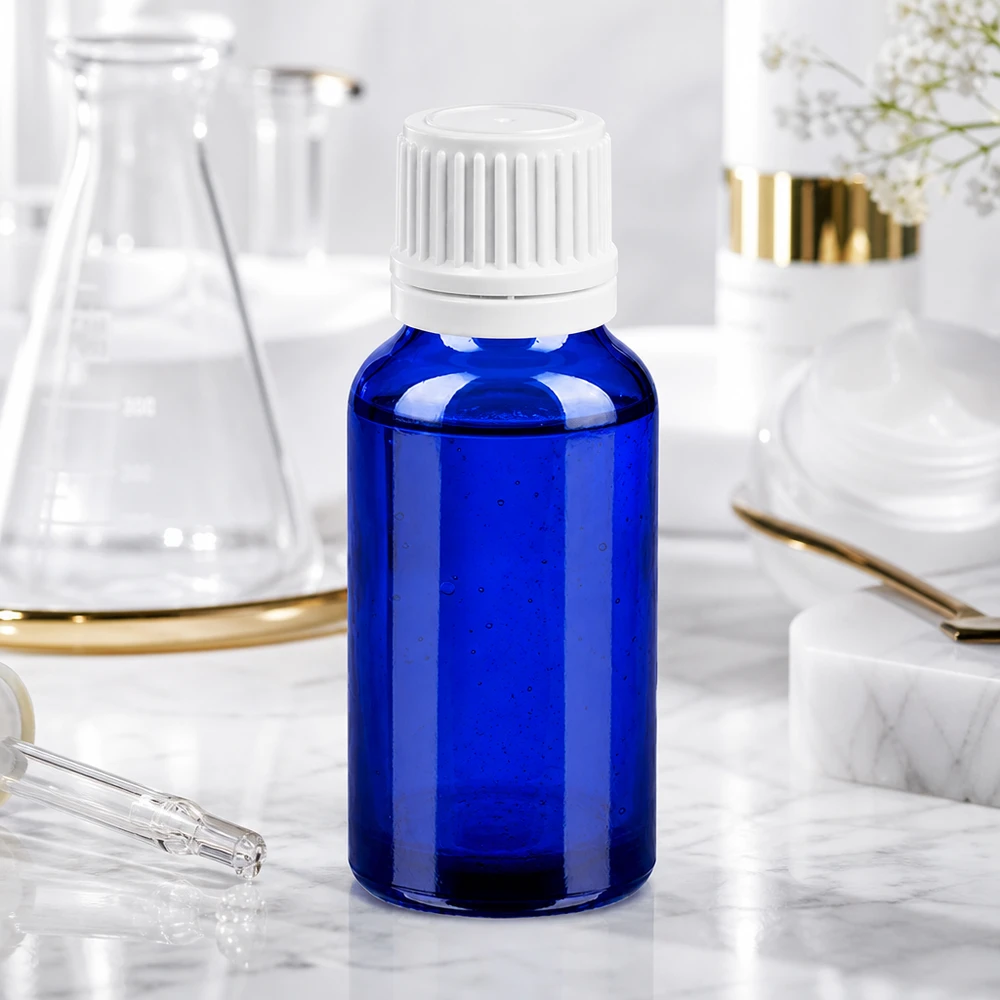 Flacone contagocce da 20 ml 0,7 mm bianco OV BlueLine UT18/20 Flacone in vetro di alta qualità da 20 ml in elegante blu con tappo UT18/20 a prova di bambino