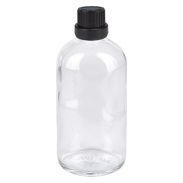 Flacone contagocce da 100 ml 2 mm nero OV ClearLine UT18/100 Flacone contagocce in vetro trasparente da 100 ml con tappo di sicurezza nero, serie ClearLine UT18