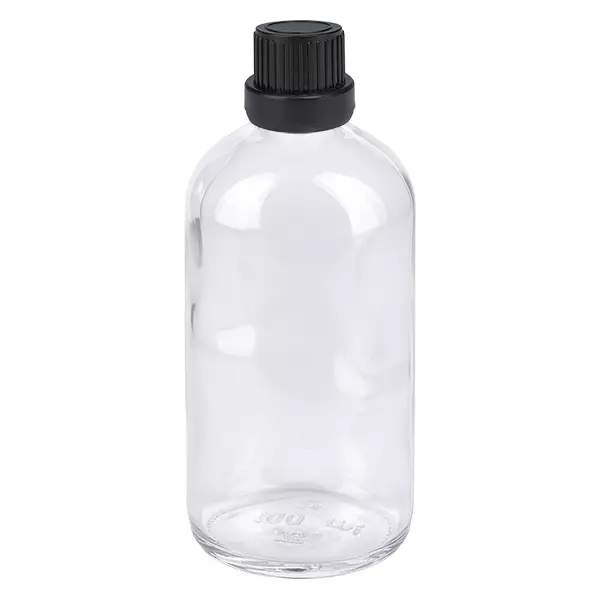 Flacon compte-gouttes en verre transparent de 100 ml avec bouchon d'inviolabilité noir, série ClearLine UT18