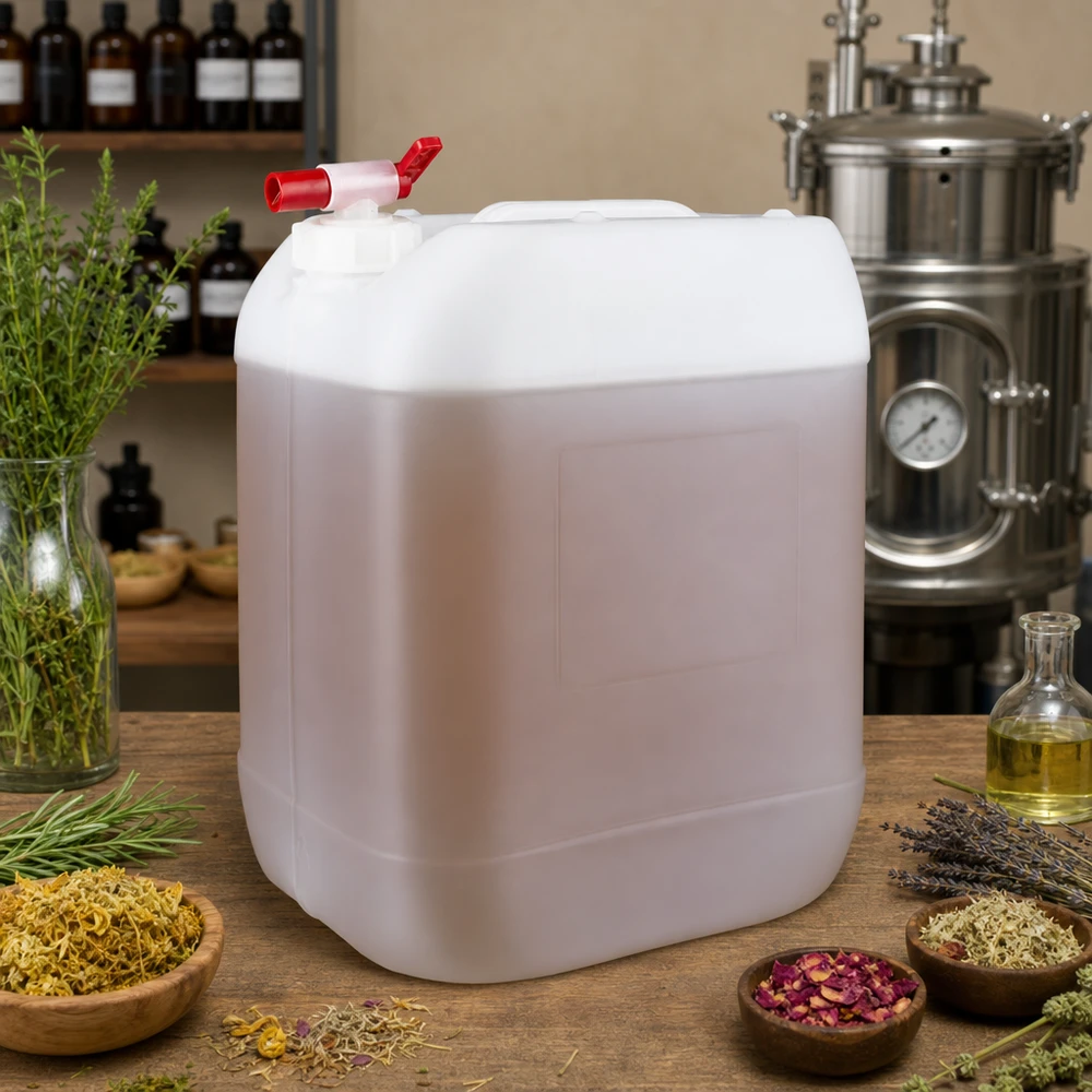 Jerrican de 20 litres avec robinet Bidon de 20 litres adapté au contact alimentaire, muni d'un robinet de vidange rouge, entre les herbes et l'alambic