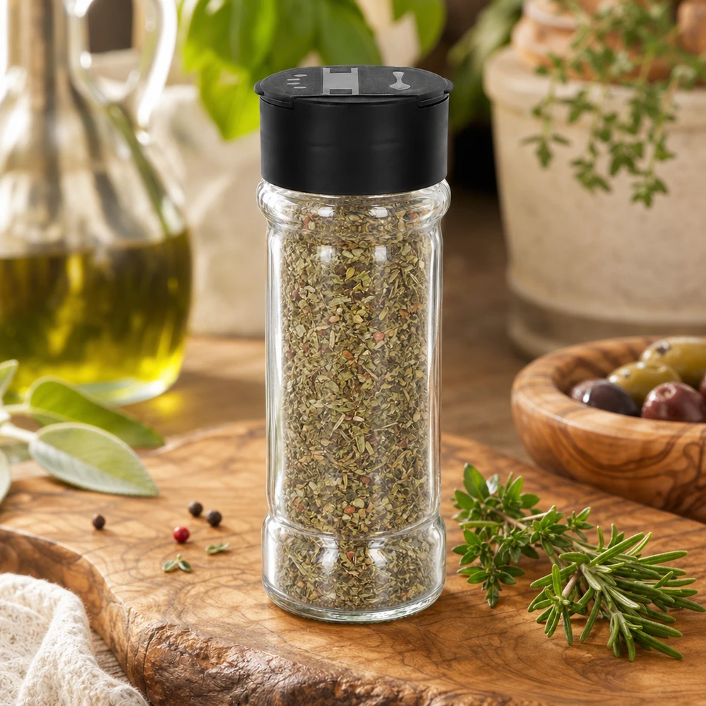 Zylindrisches Klarglas 100ml mit Kräutermischung und schwarzem Flip-Deckel in mediterranem Ambiente